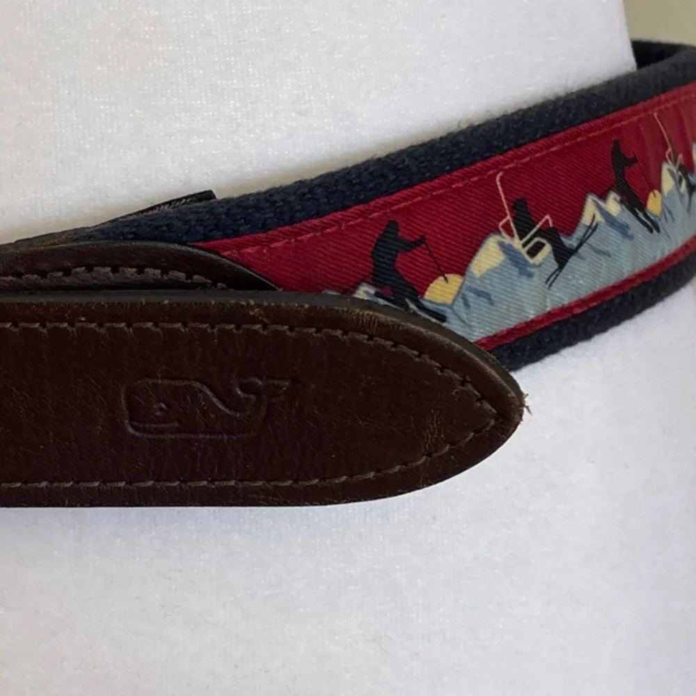 VINEYARD VINES Men's Ski Print Blue Brown Leather Canvas Belt Gold Buckle 30